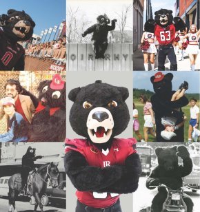 A collage of multiple photos showing the black bear mascot from the last 50 years