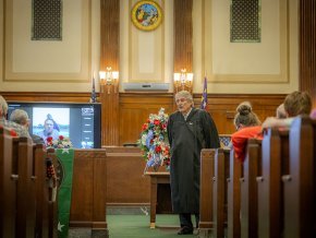 Judge Marvin Pope addresses Veterans Treatment Court graduation.