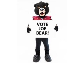 Joe Bear mascot holding a Vote Joe Bear sign