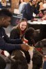 Students greet a therapy dog in Cromer Center
