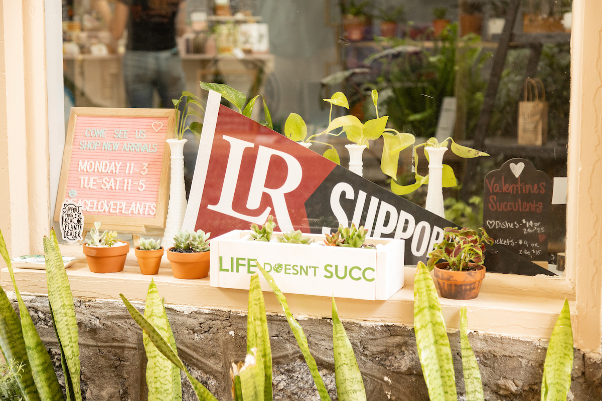 A business shows it's support for Lenoir-Rhyne with a sign in store window