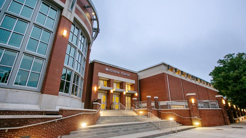 Exterior of McCrorie Center building at dusk