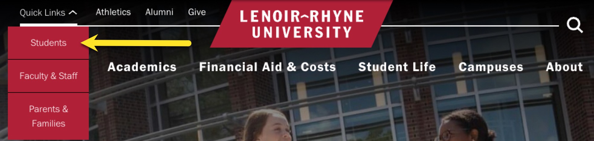 Screenshot of Quicklinks menu in lr.edu global navigation