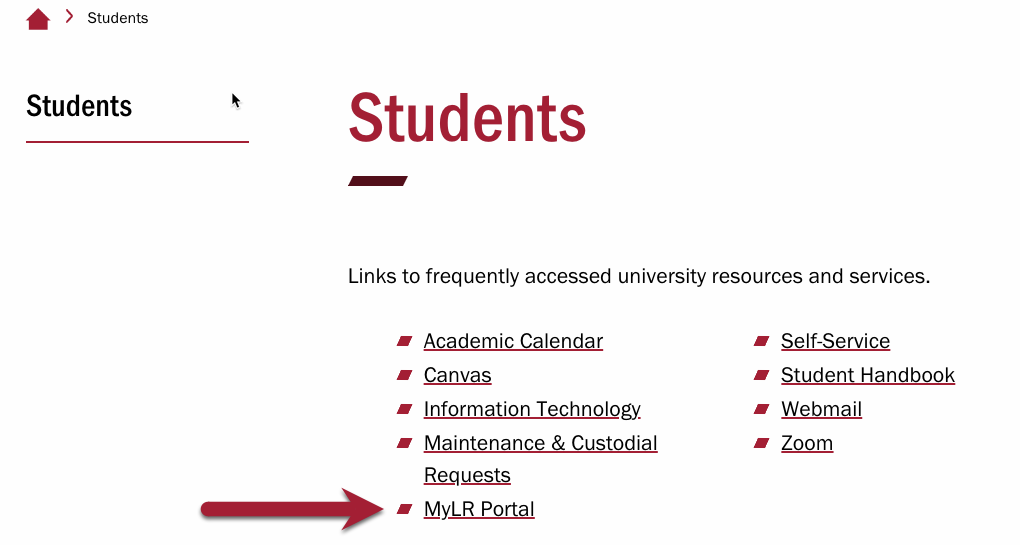 Screenshot of MyLR Portal link on Student Quicklinks page