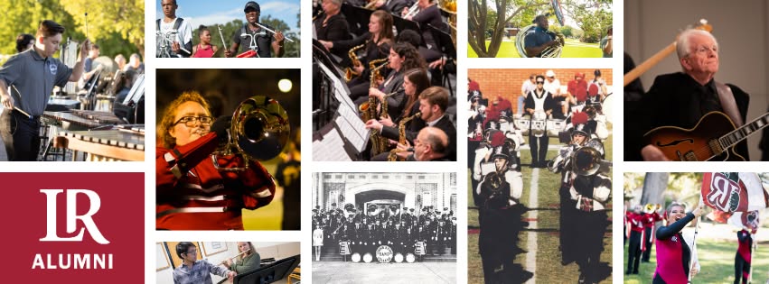 Collage of alumni band photos through the years of people playing instruments