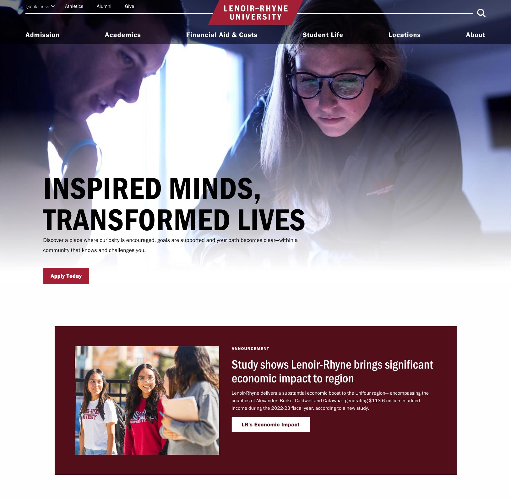 Screenshot of redesigned LR homepage showing two students working on virtual table in health sciences lab