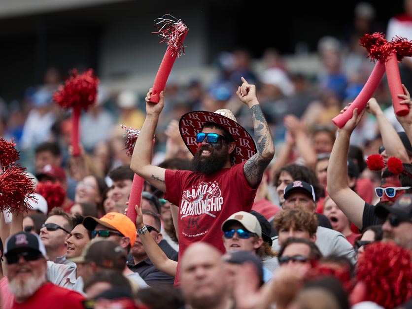 Fans in stands cheering during sports game