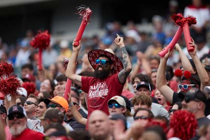 Fans in stands cheering during sports game