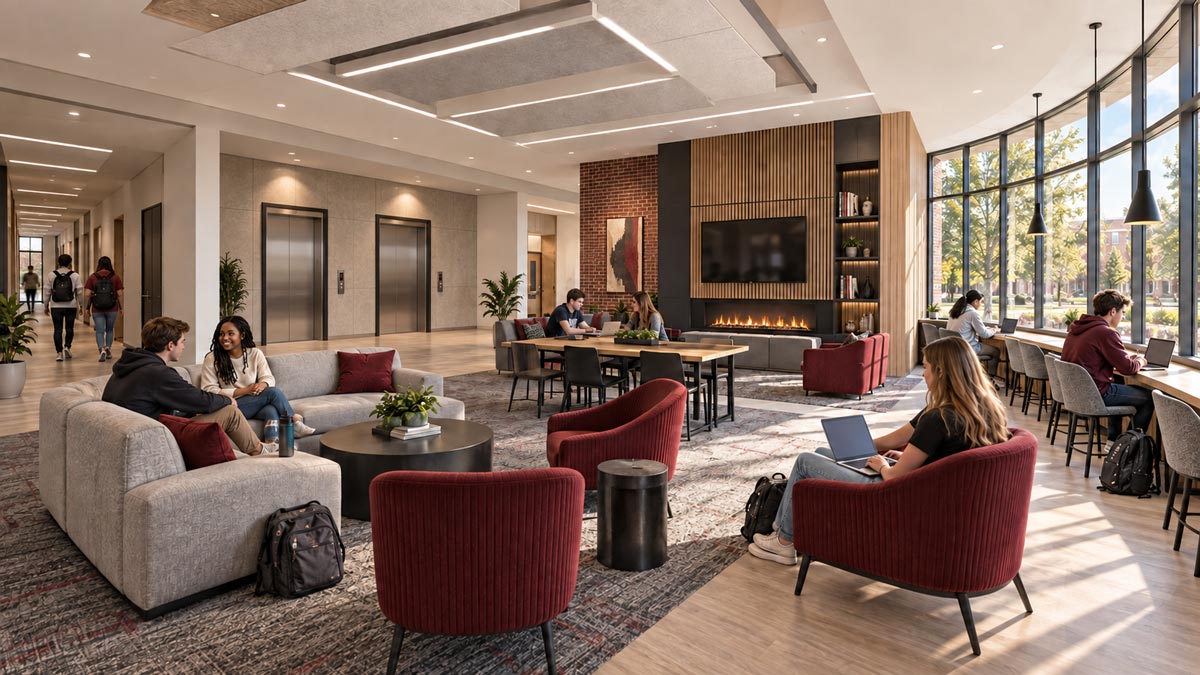 Architectural rendering showing student common area with students sitting around a fireplace