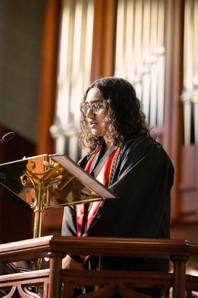 Mita Sudhakar speaking at baccalaureate service.