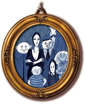 A round gold frame surrounds a portrait of the cartoon Addams Family