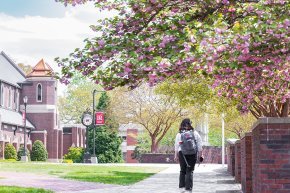 A student walks down a sidewalk under flowering trees to the right and Grace Chapel and LR banner visible to the left