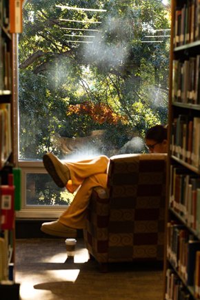 Student in a chair in front of a window, between two library shelves