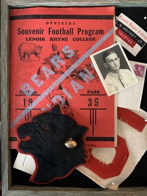 A shadowbox of Bears football memorabilia from DR Mauney