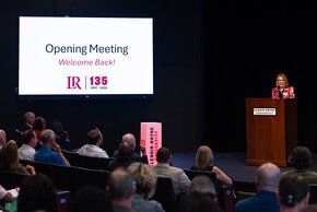 President Summer McGee addresses faculty and staff at 2026-27 opening meeting
