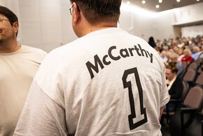 Allen Hammock shows the back of his t-shirt that reads McCarthy 1