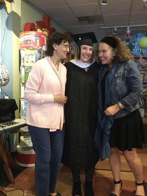 Megan DeMatteo (center) with her mom (left) and Laura Hope Gill (right) at Malaprop's in Asheville