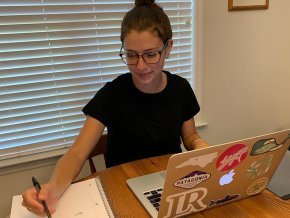 Jordan Young student teaches remotely from her dining room