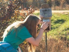 An LR student looks in a bird box in the nature preserve