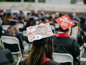 Graduates sit outside in regalia facing away from the camera