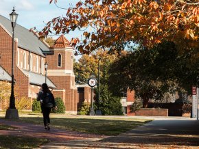 A student with their back to the camera walks on campus on a fall day