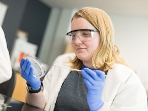 Sabrina Fredo placing a sample in a petri dish in a microbiology lab