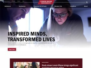 Screenshot of redesigned LR homepage show two students in health sciences lab