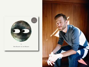 Circle with eyes on book cover next to author photo of Mac Barnett