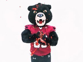 Joe Bear mascot throwing confetti