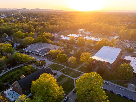 Aerial view of Lenoir-Rhyne campus at sunset