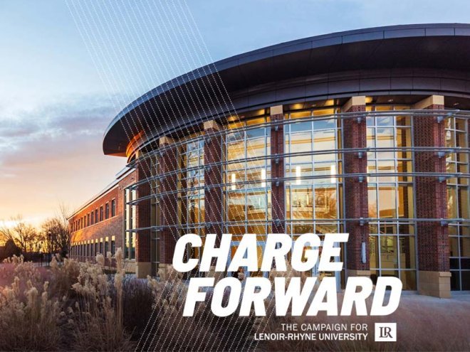 George Hall at sunset with Charge Forward logo