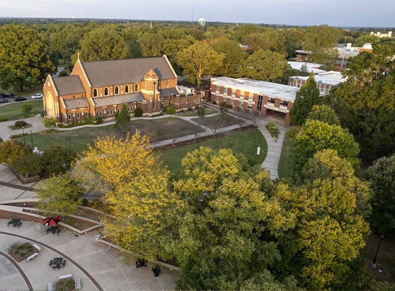 Aerial view of campus from Cromer Center toward Grace Chapel and Lineberger Building