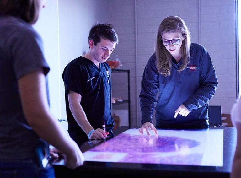 PA students gather around a light table to view scans