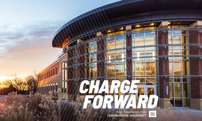 George Hall at sunset with Charge Forward logo