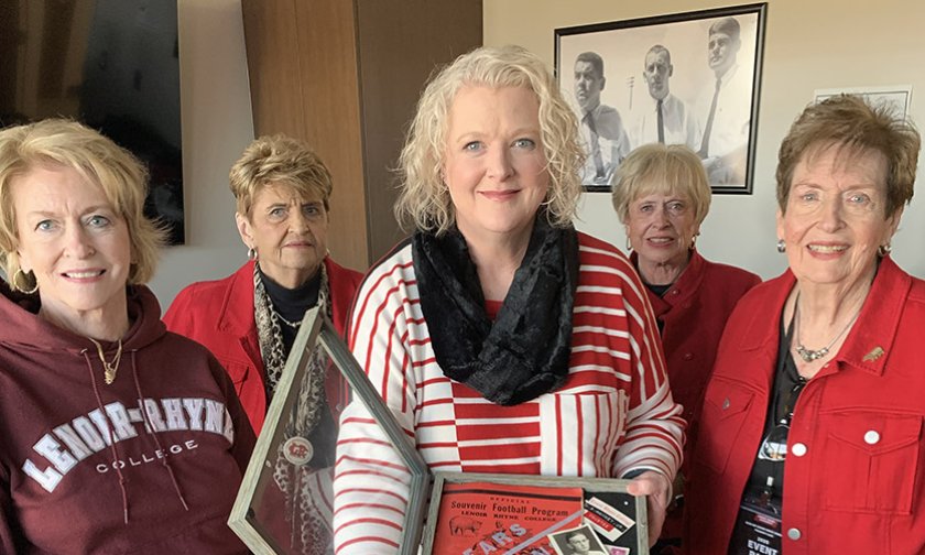 Harriet, Anna, Lura, Caroline and Martha with a shadowbox of DR Mauney's memorabilia