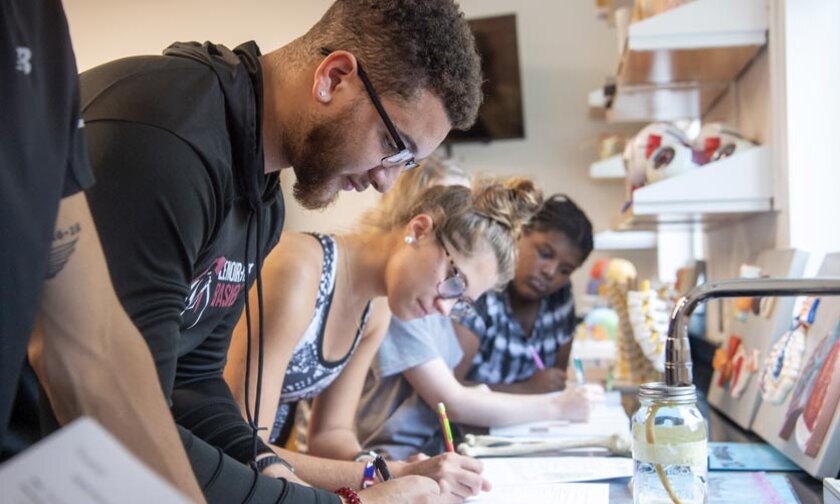 Students working on assignments in science lab