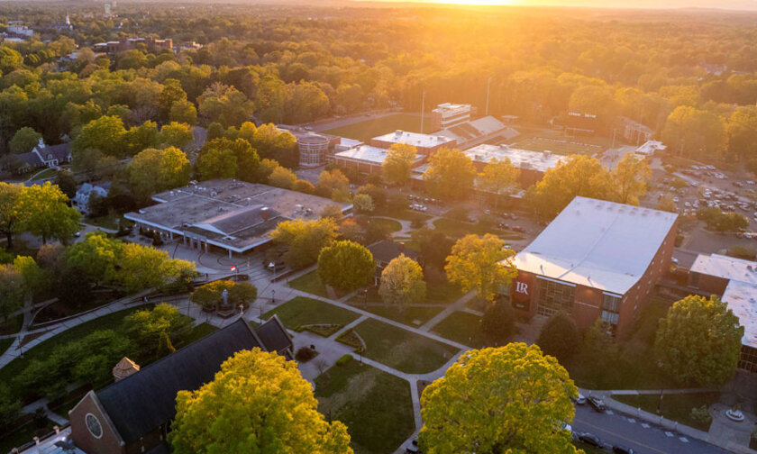 Aerial view of Lenoir-Rhyne University campus at sunset