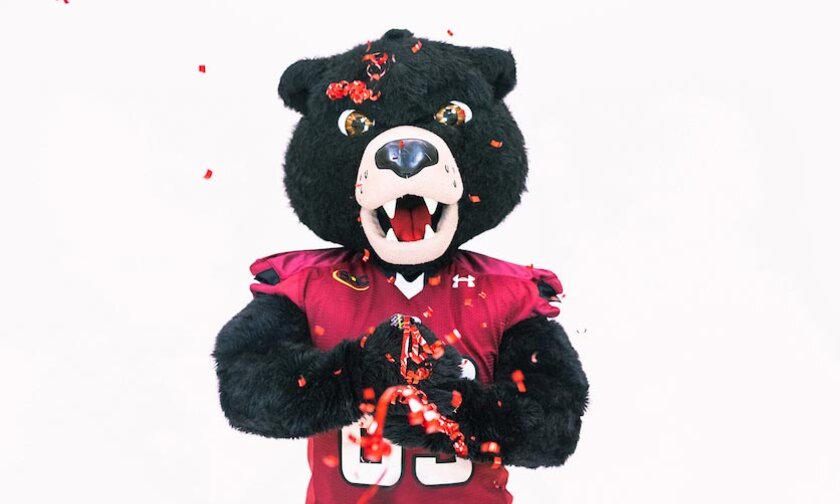 Joe Bear mascot throwing confetti