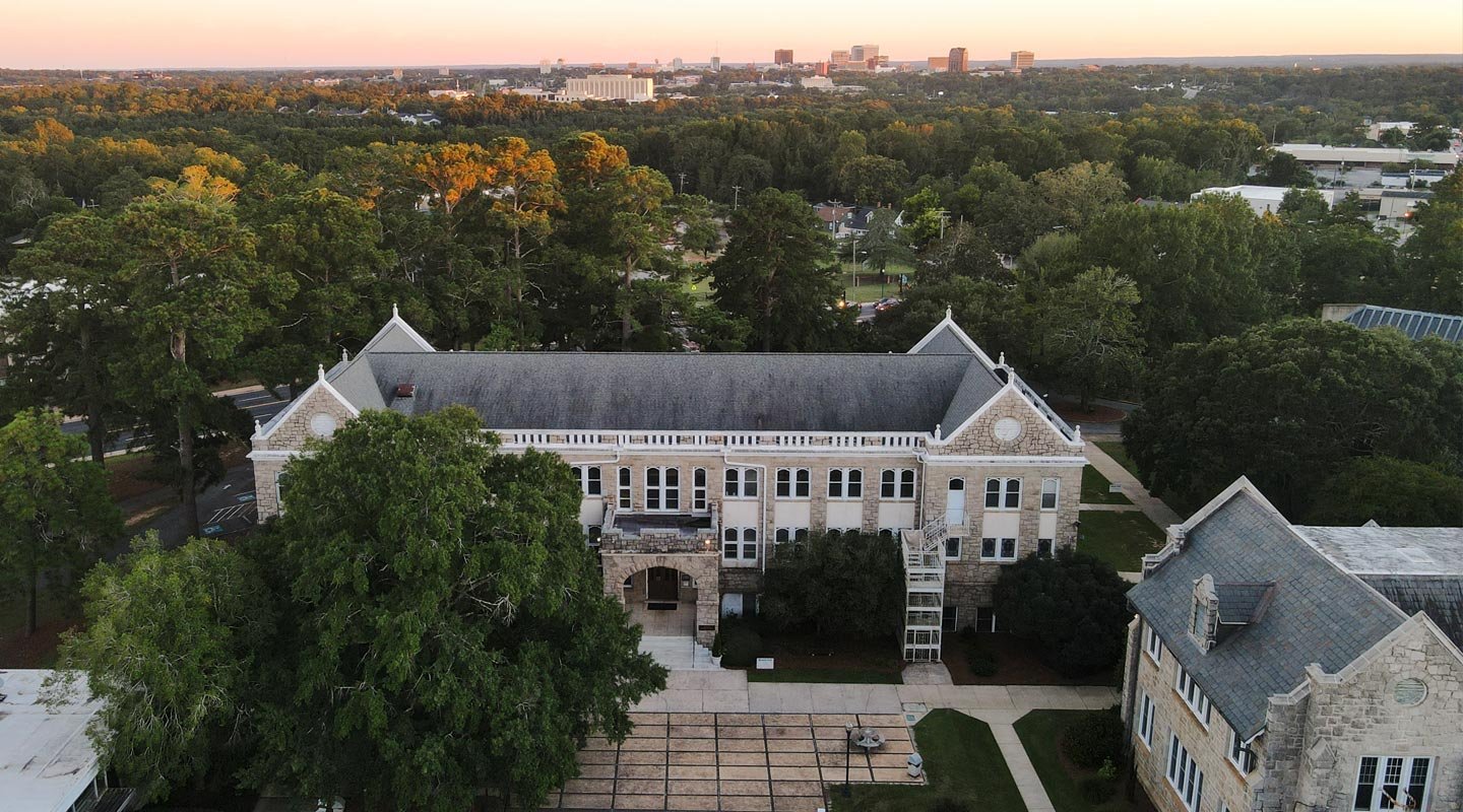Aerial view of LTSS campus with City of Columbia skyline