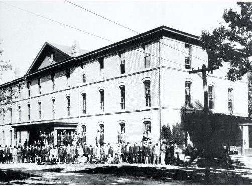 A black and white archive photo of Highland Hall