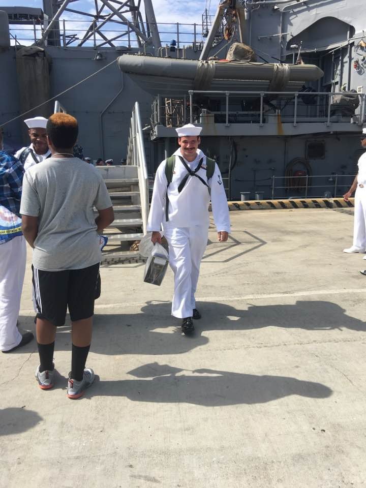 Michael Gerbitz wears a US Navy Service Dress White Uniform outside