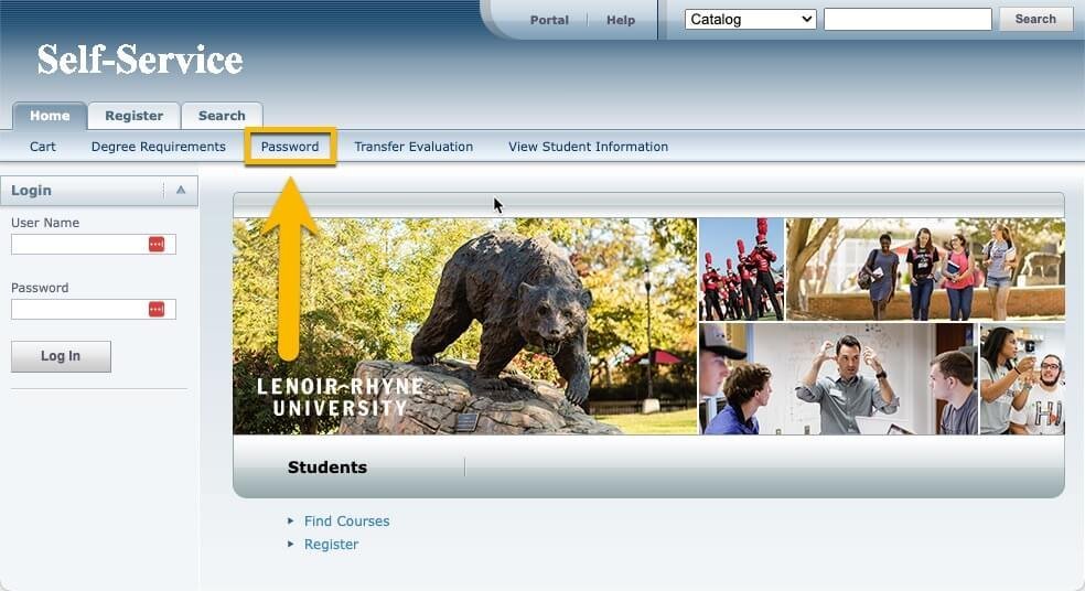 Screenshot of Self-Service homepage with the Password link highlighted
