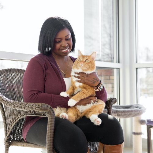 Amber Currie sits inside while holding a orange and white cat