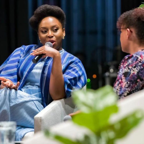 Chimamanda Ngozi Adichie speaks on stage at Lenoir-Rhyne University
