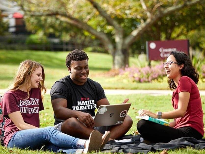 LR students laughing and talking sitting on the lawn