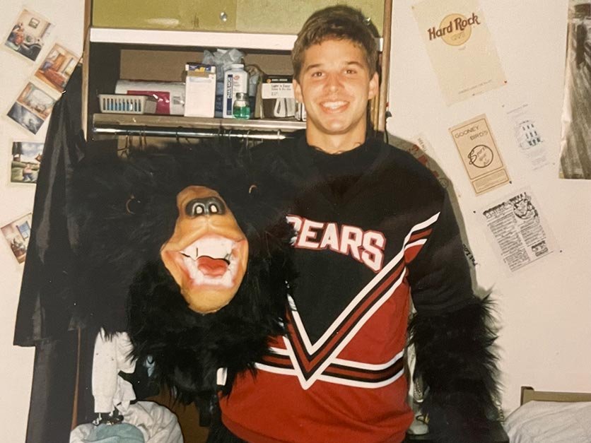 Pastor Todd Cutter as a student in the Joe Bear costume