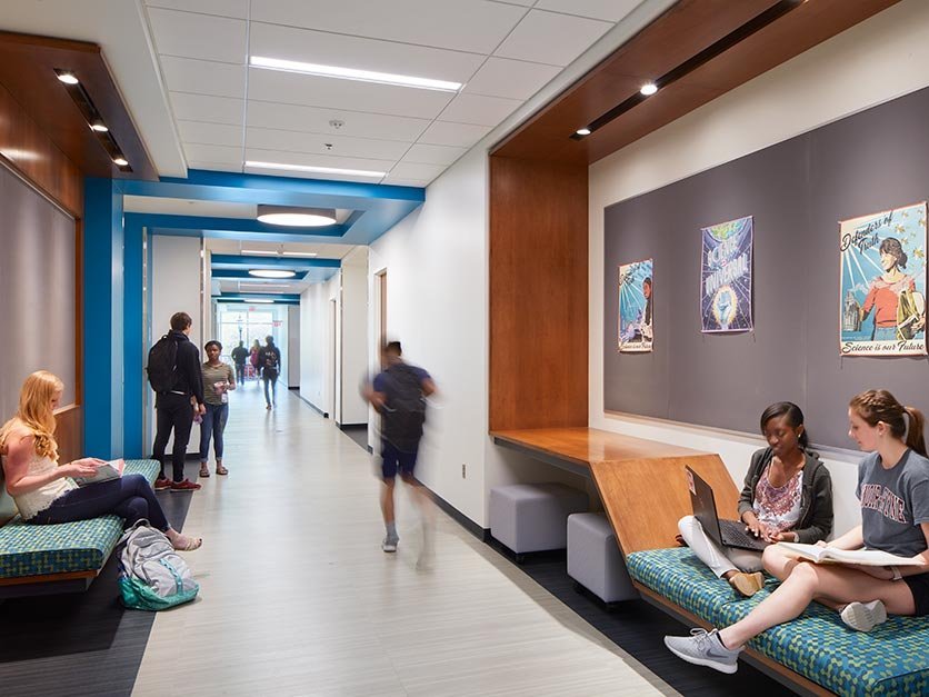 Students study and walk to class in the new George Hall science building