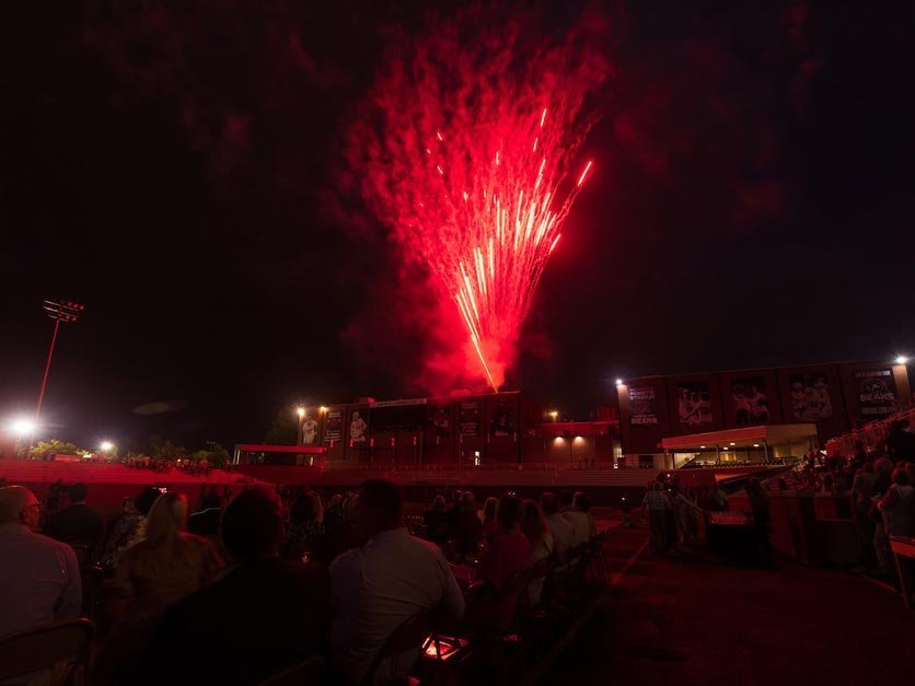 Fireworks in Moretz Stadium with the assembled crowd watching on