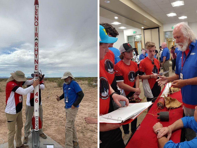 Rocket team talks with judge and ready their rocket for launch