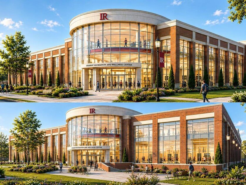 Architectural renderings of the front and rear of Health & Wellness Center